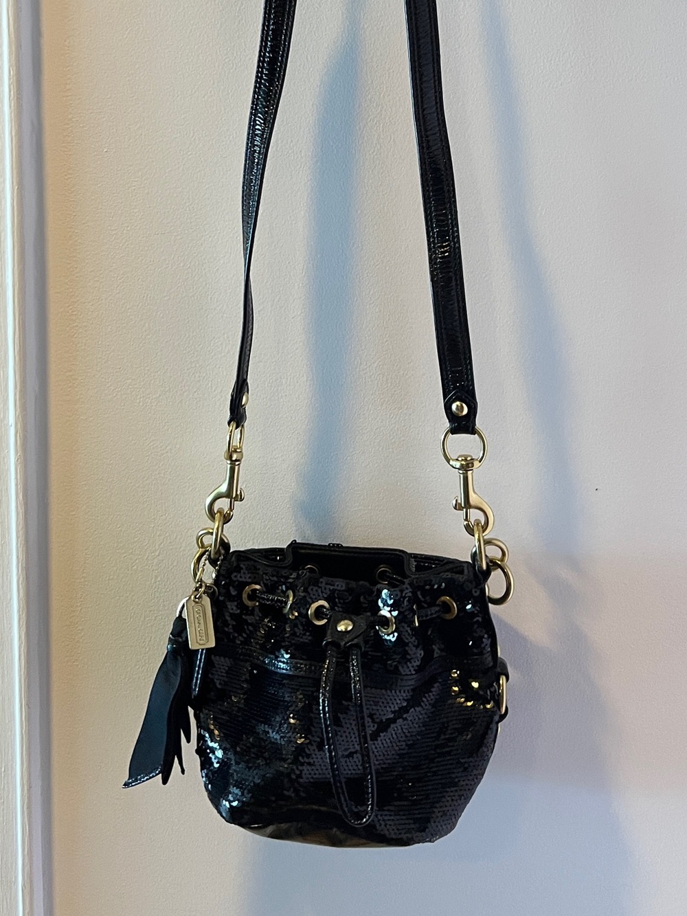 Coach Black Sequin Crossbody Bucket Bag with Gold Hardware NWT